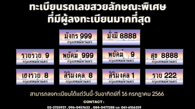 10 หมายเลขทะเบียนรถเลขสวยลักษณะพิเศษครั้งที่ 5 ที่มีผู้ลงทะเบียนมากที่สุด